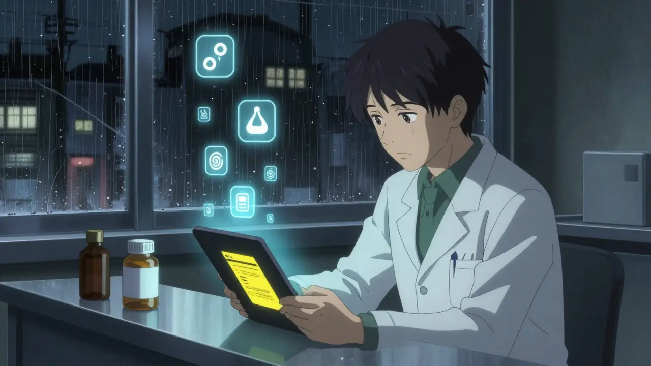 Pharmacien en service de nuit signalant un effet secondaire via une application mobile.