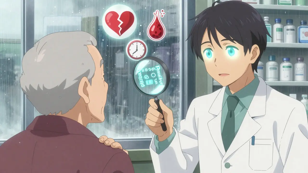 Pharmacien expliquant une étiquette à un patient âgé, avec des symboles de danger flottants et une lumière douce, symbolisant la prévention.