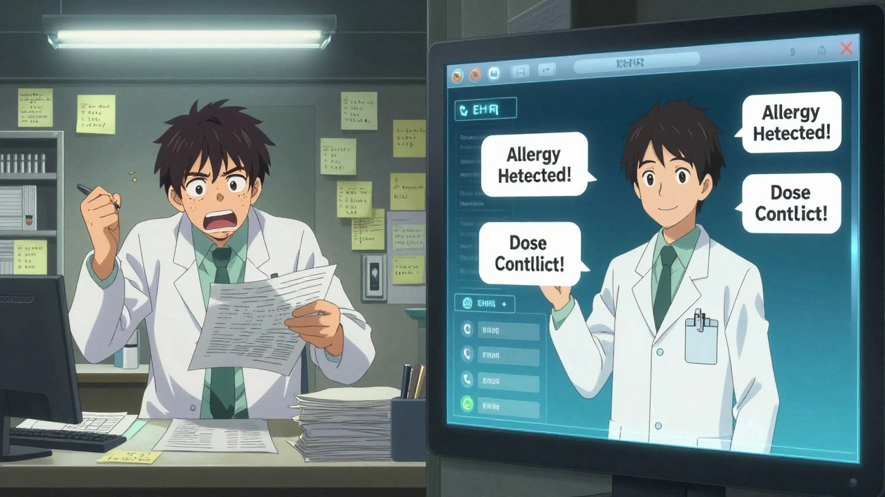 Pharmacien stressé avec des papiers à gauche, et un système EHR intégré fluide à droite, dans un style anime Science SARU.