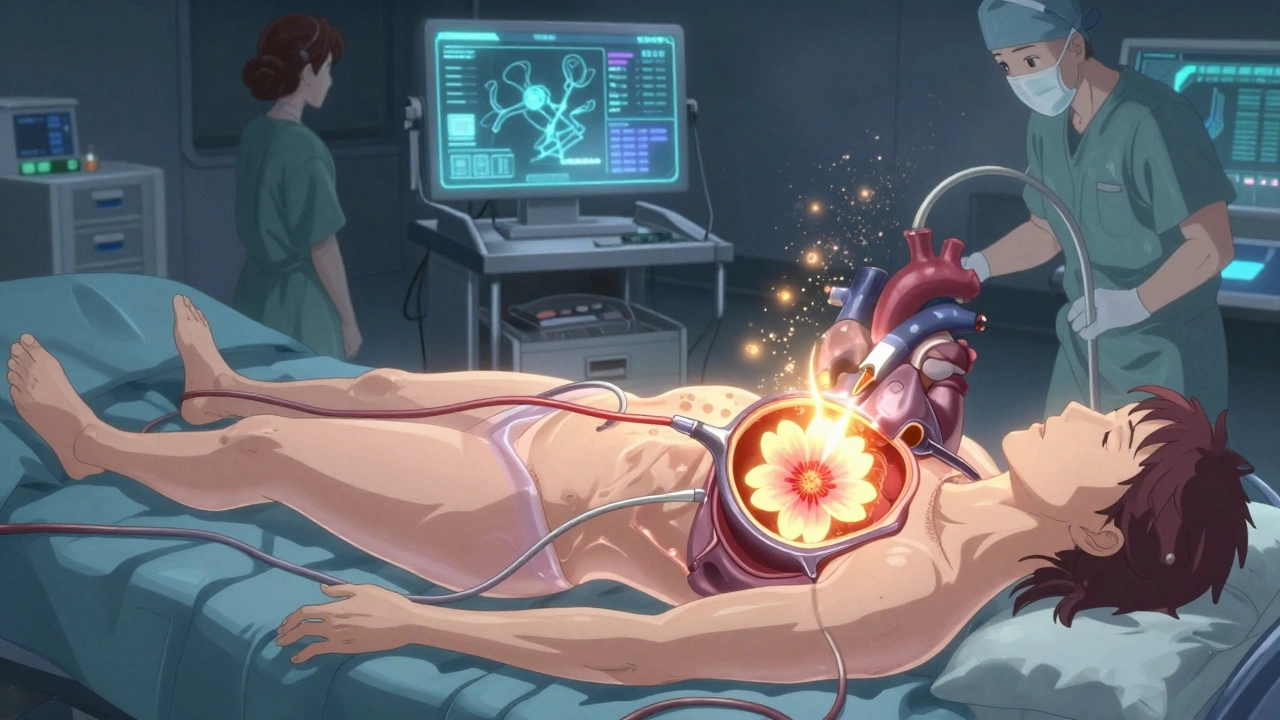 Procédure TAVR en cours : un cathéter déploie une valve artificielle dans le cœur, avec des données holographiques et une lumière dorée.