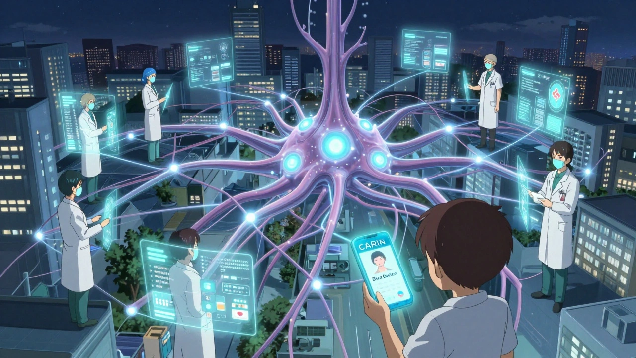 Réseau de soins connecté comme un organisme vivant, avec des pharmaciens comme gardiens et un enfant affichant son historique médical, style anime Science SARU.