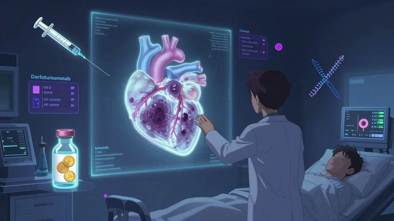 Scanner IRM projeté montrant des dépôts d’amyloïde dans le muscle cardiaque, entouré de médicaments et de symboles de diagnostic.