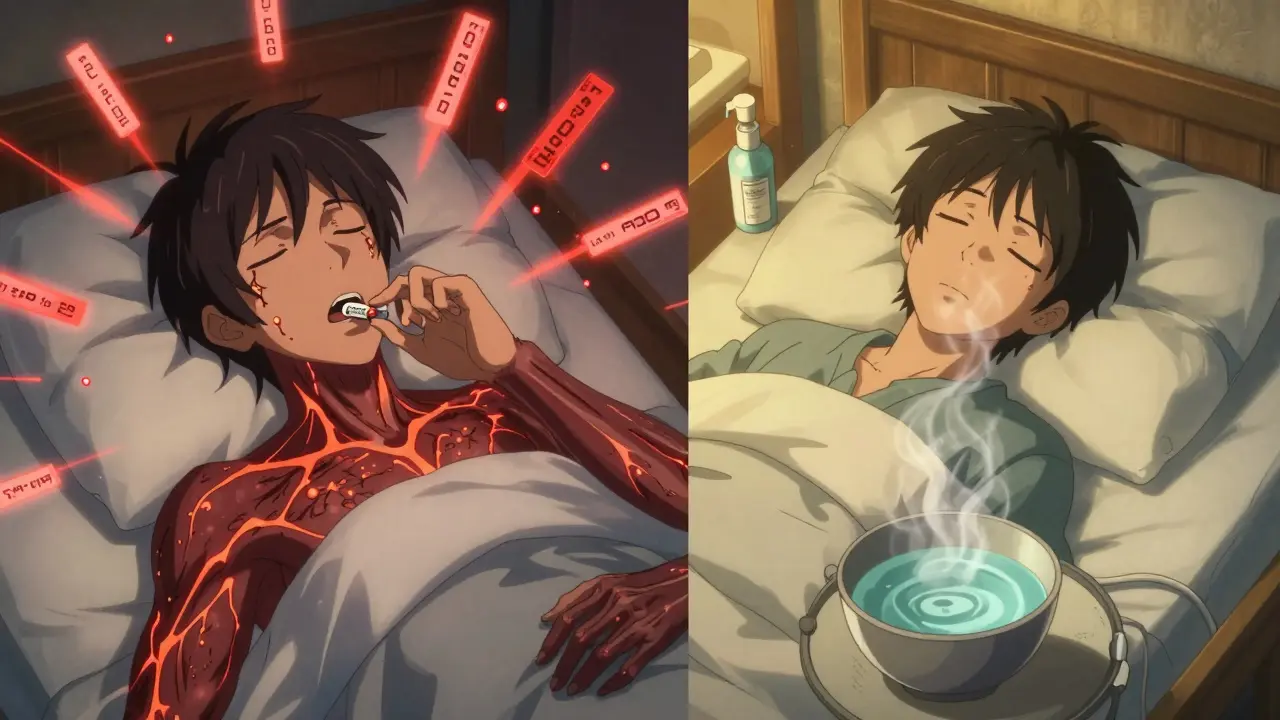 Scène divisée : patient prenant un décongestionnant avec des vaisseaux sanguins en feu d'un côté, et en sécurité avec vaporisateur salin et oreillers de l'autre.