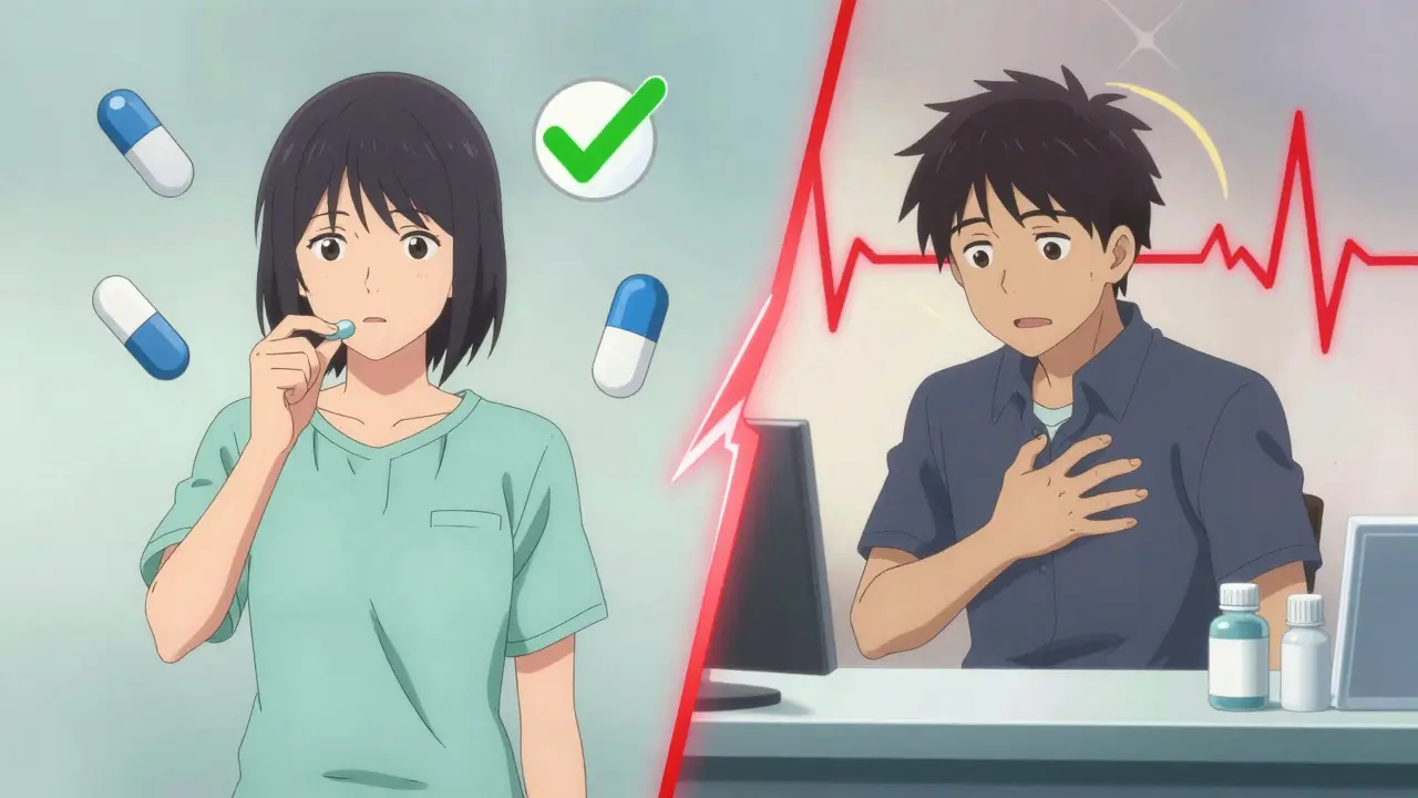 Scène divisée : un patient en sécurité avec un générique à gauche, un autre en crise après un changement à droite.