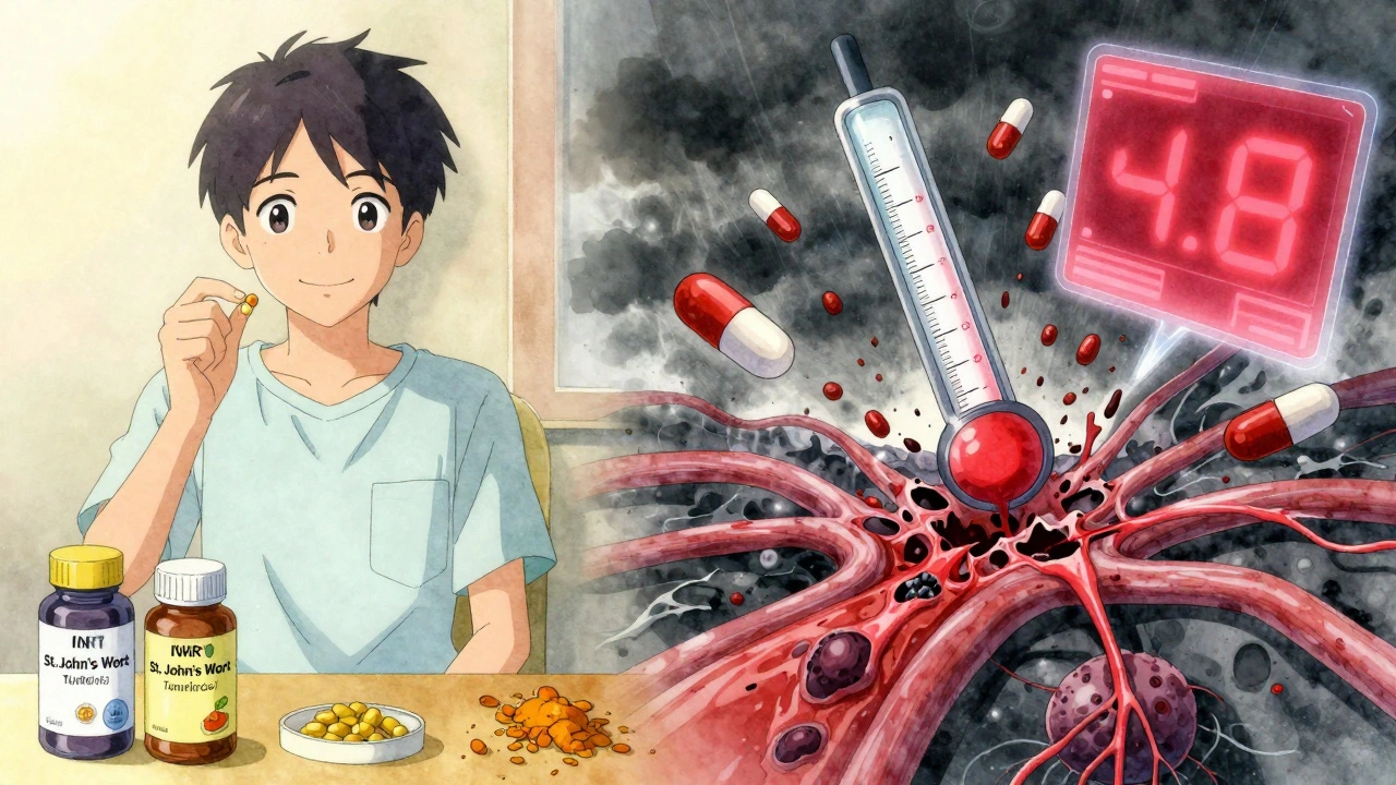 Scène en deux parties : patient prenant des compléments naturels et son corps en proie à des caillots et saignements.