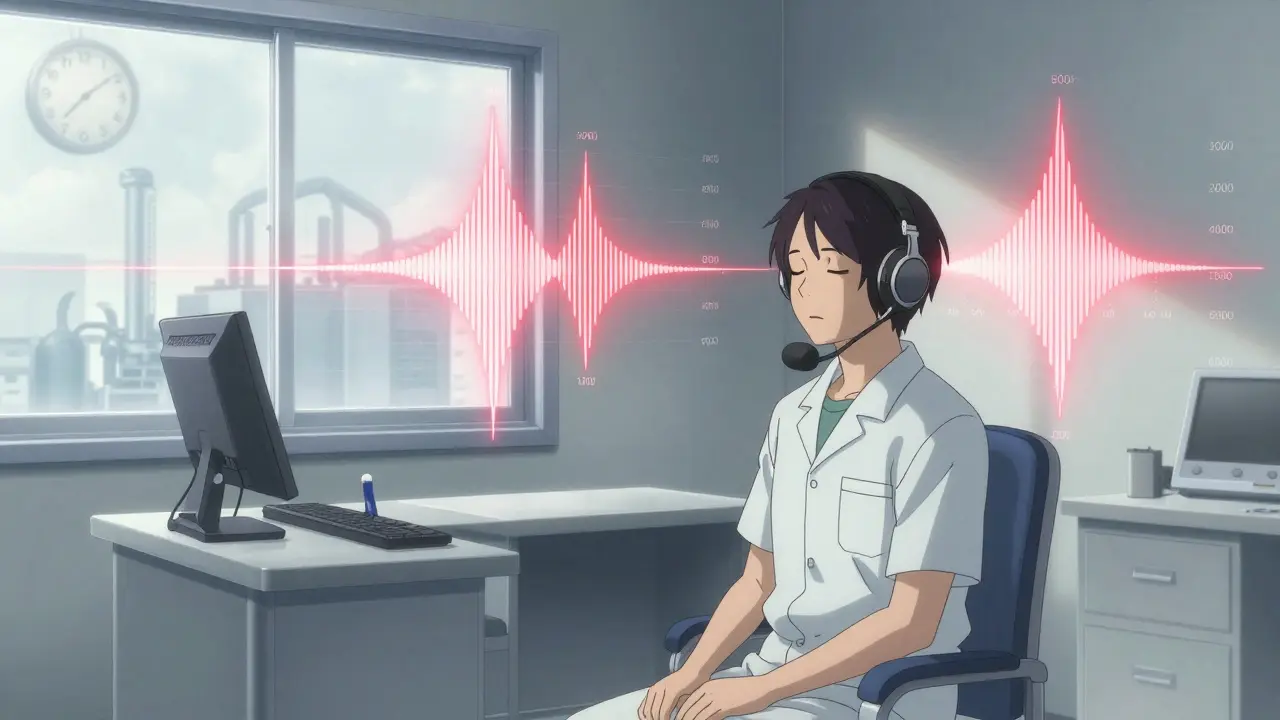 Travailleur passant un test auditif dans une pièce silencieuse, avec des fréquences sonores affichées en transparence.