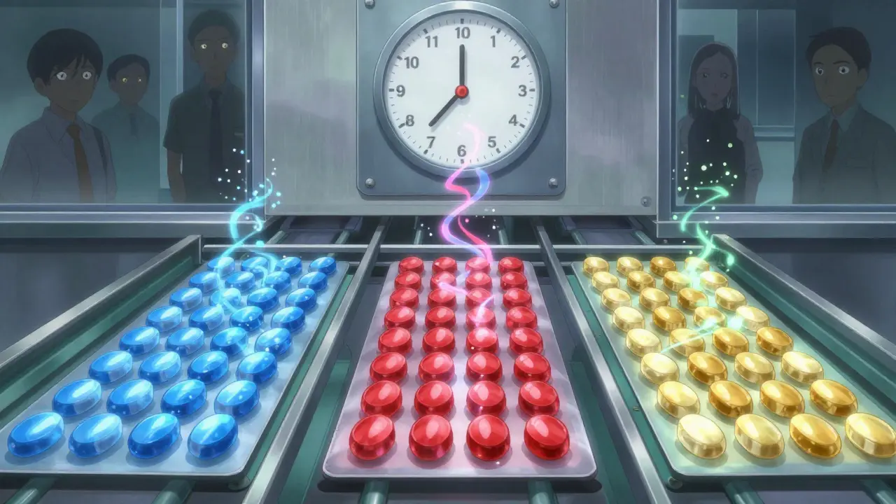 Trois lots de comprimés génériques de couleurs différentes en production, entourés de particules de pureté et d'inspecteurs silencieux.