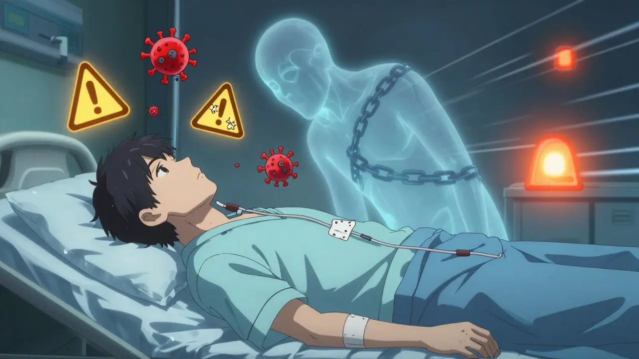 Un cathéter veineux central au cou entouré d'icônes de danger, une fistule fantôme en arrière-plan.