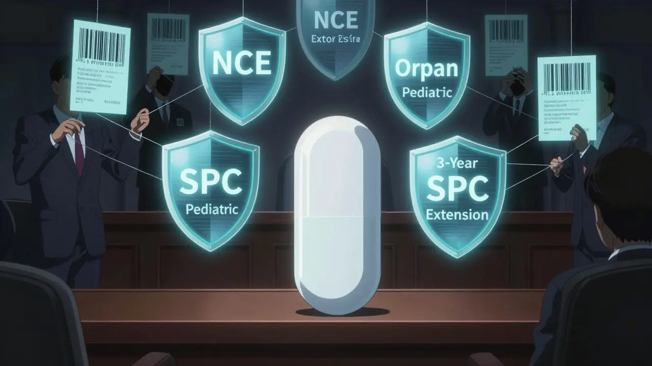 Un comprimé générique face à une muraille de protections juridiques lumineuses dans une salle d'audience.