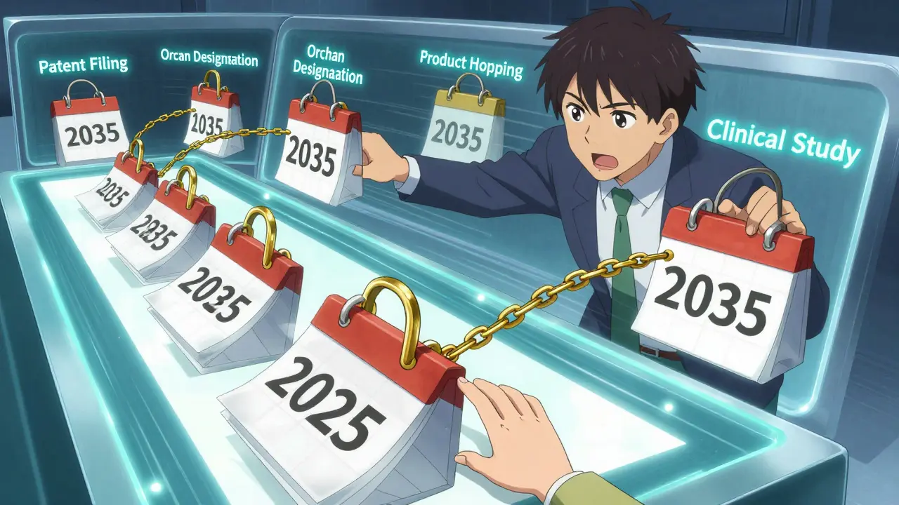 Un dirigeant pharmaceutique active des mécanismes d'exclusivité tandis qu'une main d'enfant tente d'atteindre une date d'expiration.