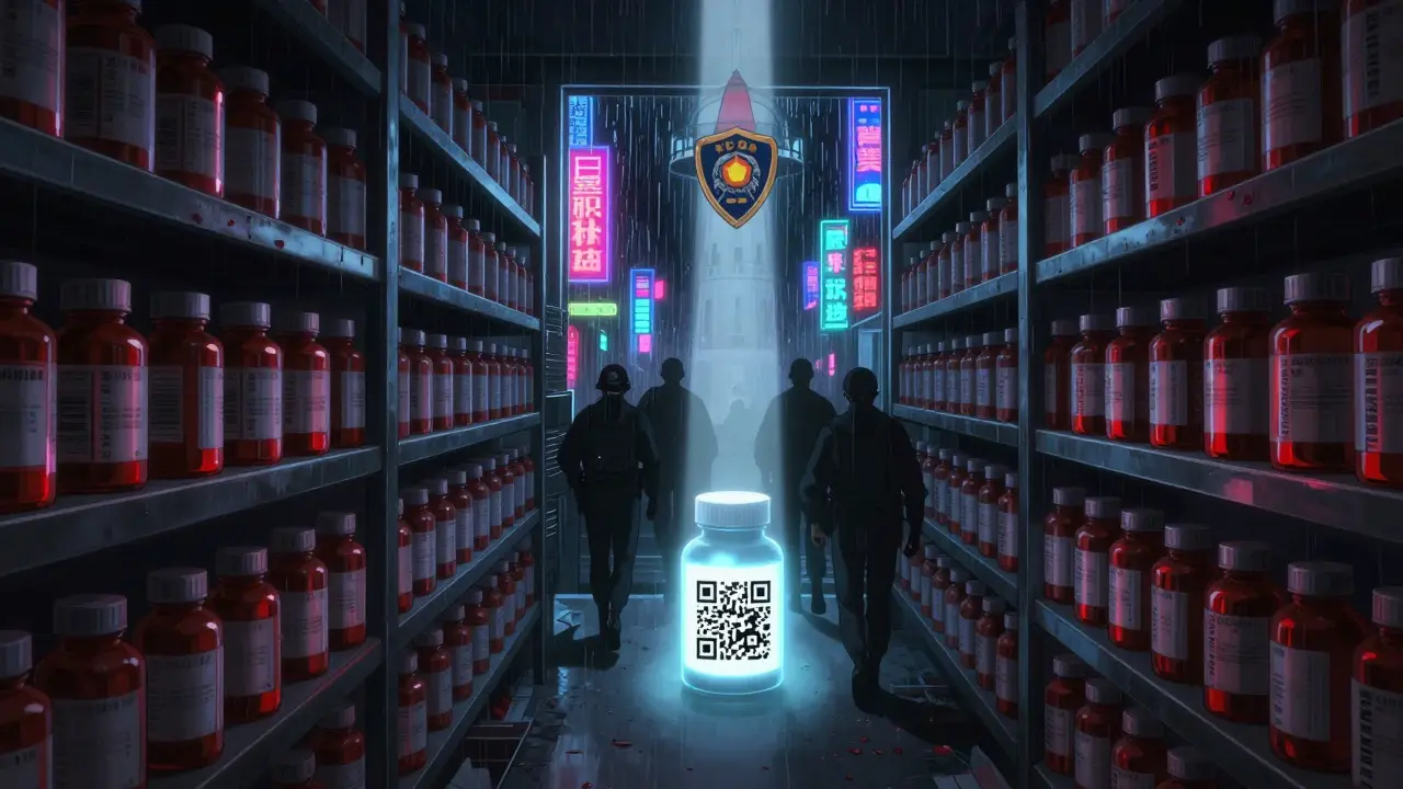 Un entrepôt sombre rempli de pilules contrefaites, une seule boîte émet une lumière bleue provenant d'un code QR.