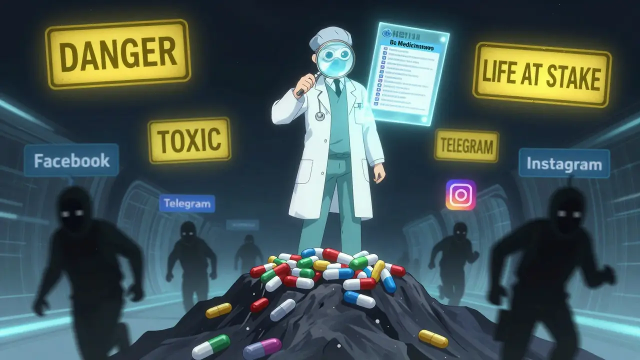 Un héros médical tient une loupe projetant une checklist de l'OMS, au-dessus d'une montagne de pilules contrefaites et de criminels en fuite.