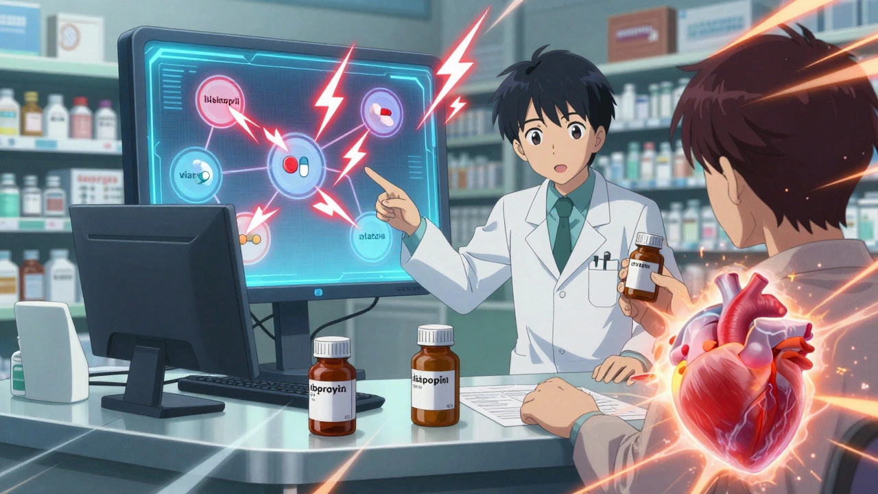 Un pharmacien alerte un patient devant un écran affichant des interactions médicamenteuses dangereuses.