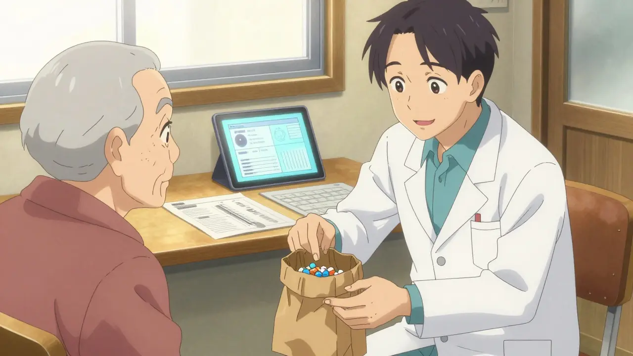 Un pharmacien explique clairement les médicaments à un patient en tenant un sac brun.