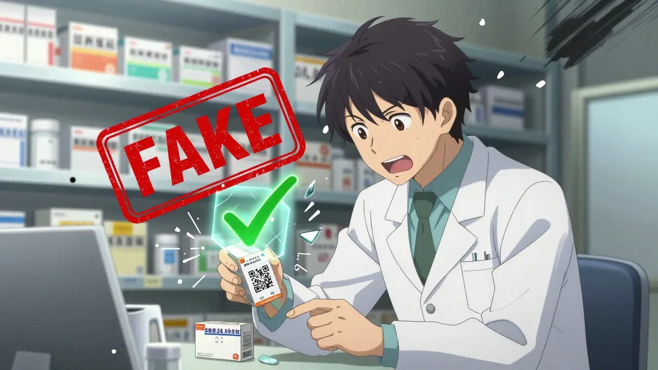 Un pharmacien scanne un code QR qui révèle qu'un médicament est contrefait, avec un sceau 'FAUX' qui se brise.