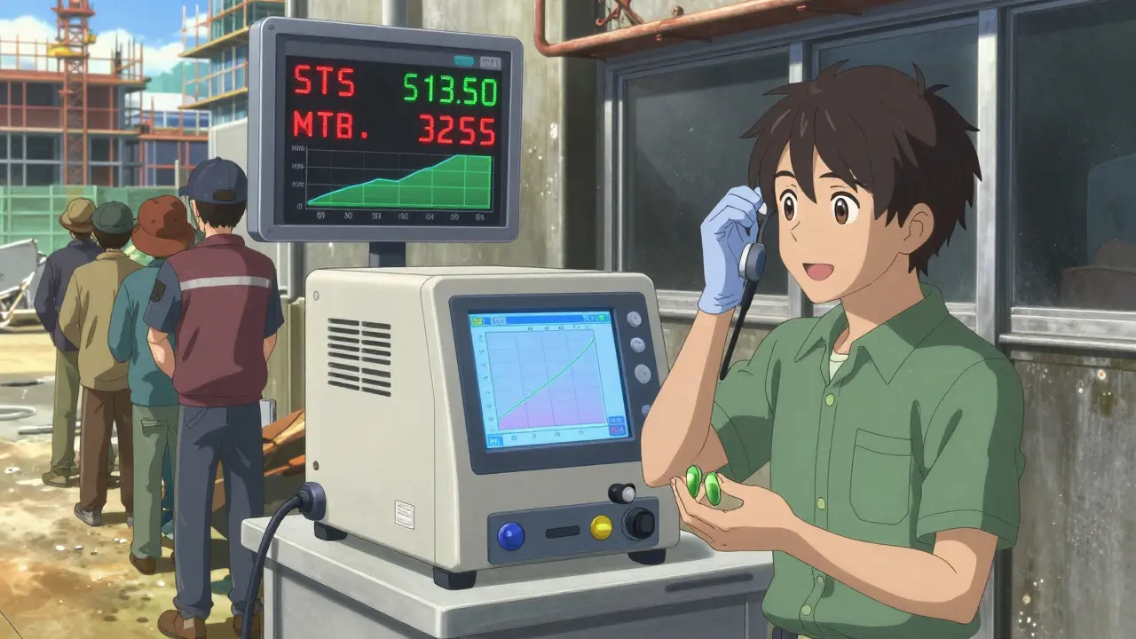 Unité mobile d'audiométrie sur un chantier, avec des travailleurs en file pour un test auditif et un tableau de données en arrière-plan.