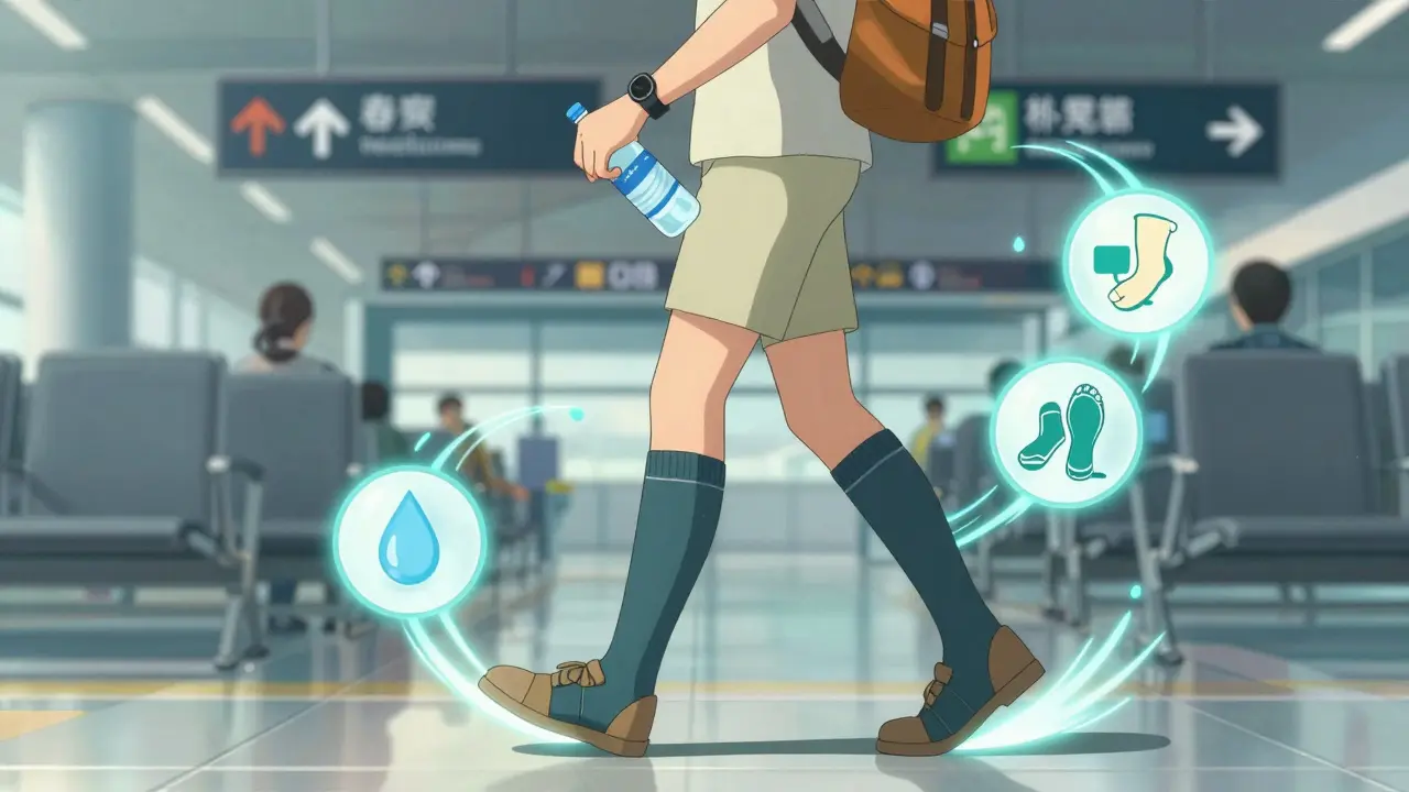 Voyageur marchant dans un aéroport avec des symboles de prévention flottant autour de lui.