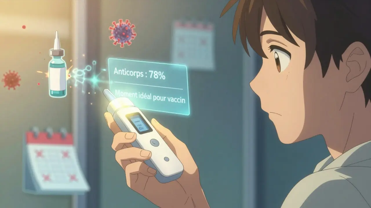 Appareil portable affichant une réponse immunitaire et un moment idéal pour vacciner, lumière dorée sur une main patient.