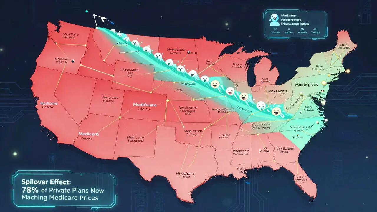 Carte numérique des États-Unis montrant la propagation des prix réduits du Medicare vers les assureurs privés.