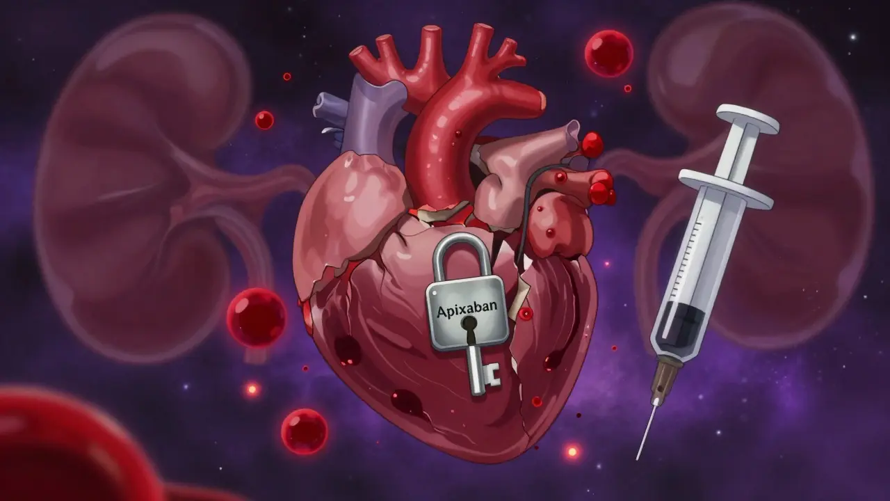 Cœur fracturé avec un caillot sanguin, une clé apixaban le verrouille, dans un fond cosmique évoquant les reins.