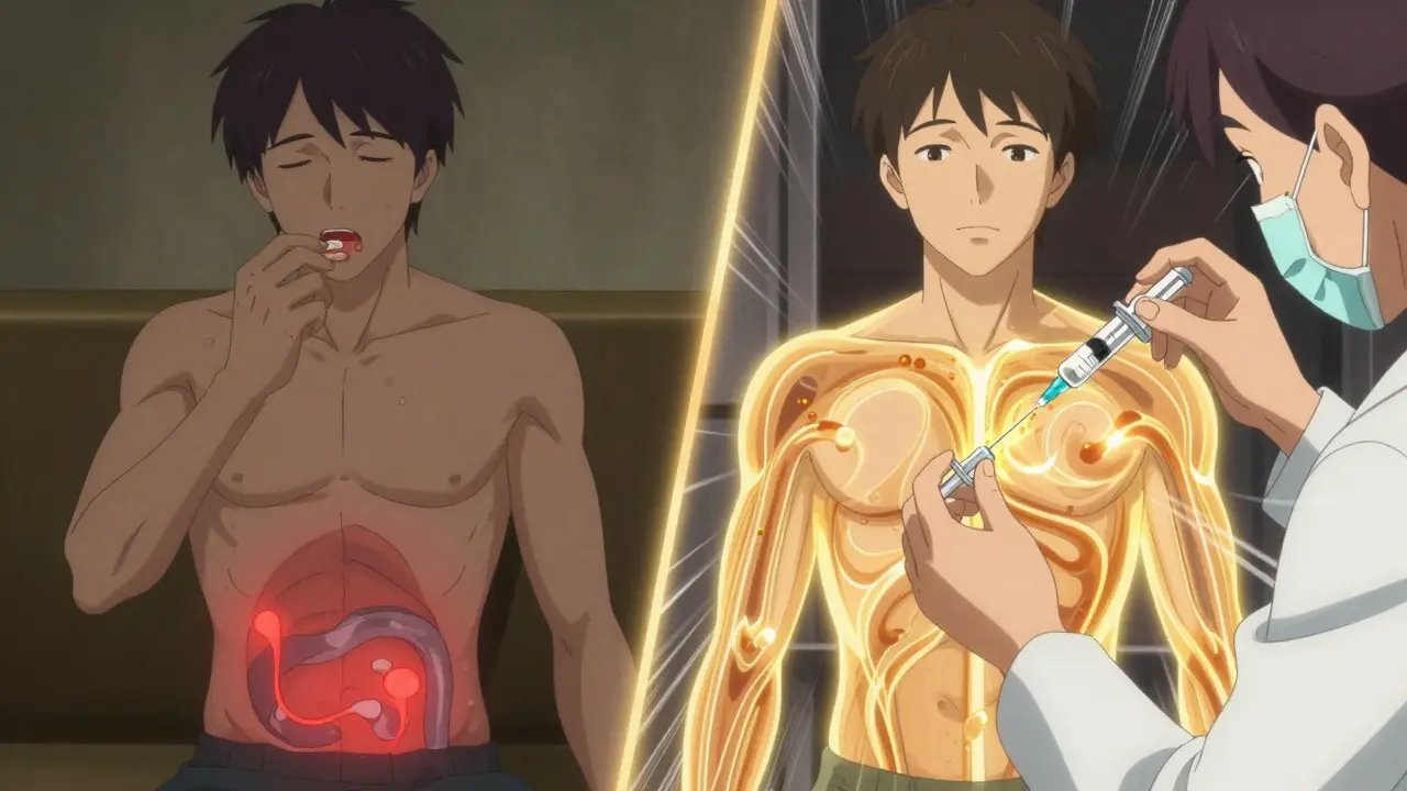 Comparaison visuelle d'un patient avant et après ajustement de dose par surveillance thérapeutique, avec des niveaux de médicament en flux lumineux.