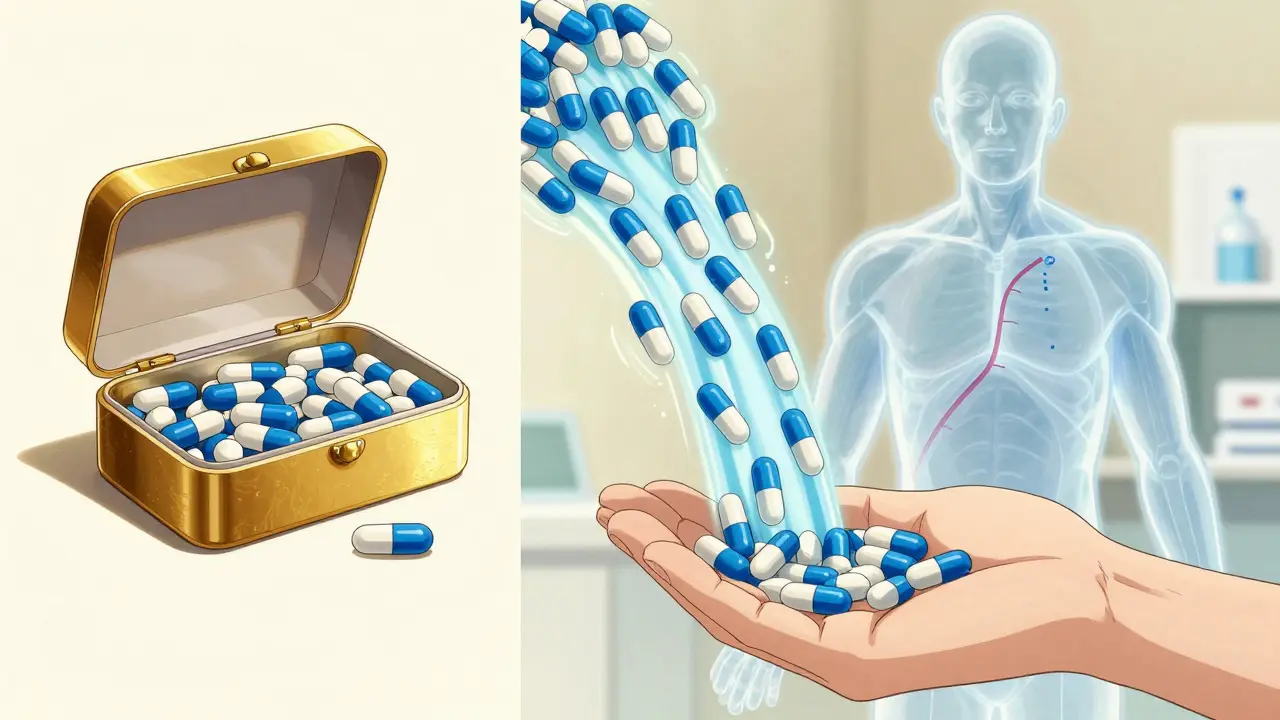 Comparaison visuelle d’un médicament de marque et de milliers de génériques en chute libre.