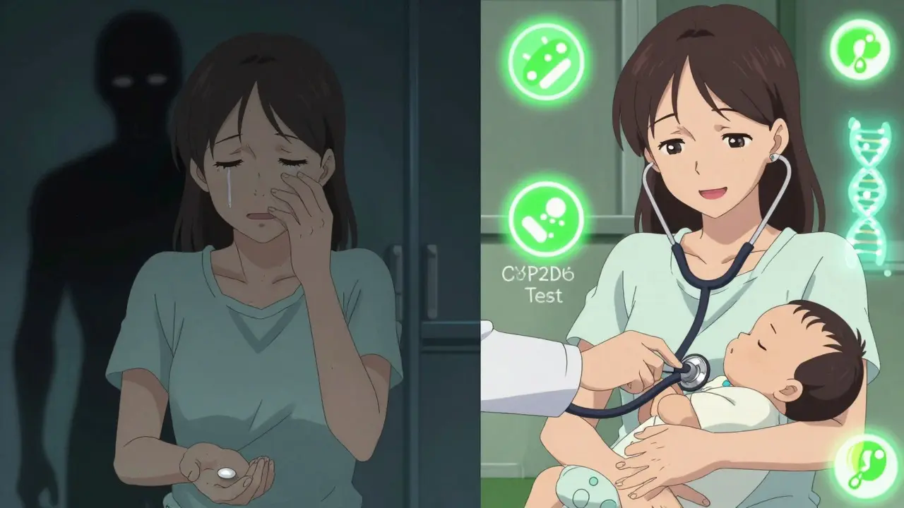 Comparaison visuelle entre les médicaments dangereux et sûrs pendant l’allaitement, avec un test génétique en arrière-plan.