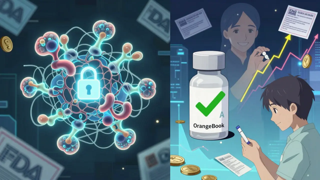 Comparaison visuelle entre un médicament biologique complexe et son équivalent générique, avec le statut 'A' de l'Orange Book.
