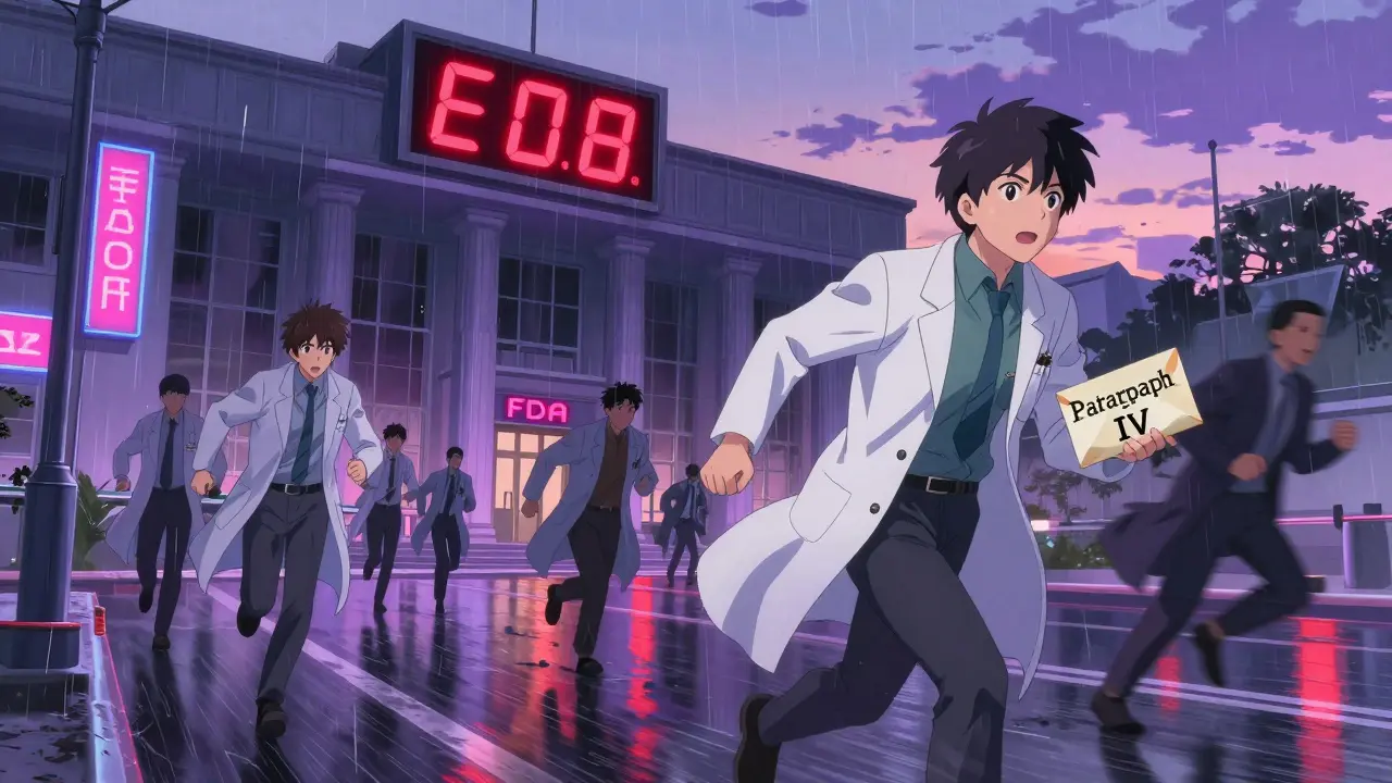 Course effrénée vers le bâtiment de la FDA au lever du jour, avec une enveloppe Paragraph IV.