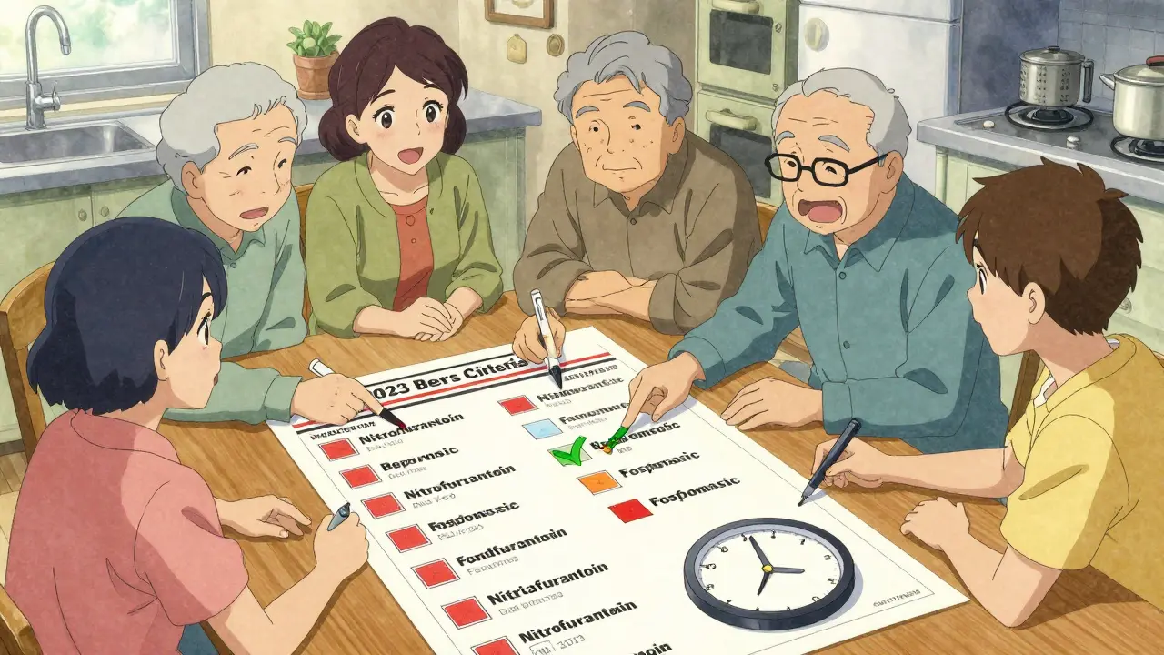 Des personnes âgées et leurs familles révisent ensemble une liste de médicaments à risque à la cuisine, avec des marques de correction.