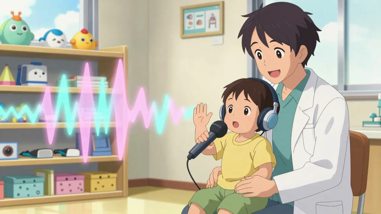 Enfant de 18 mois réagissant à un son dans un cabinet pédiatrique, main levée, ondes sonores visuelles.