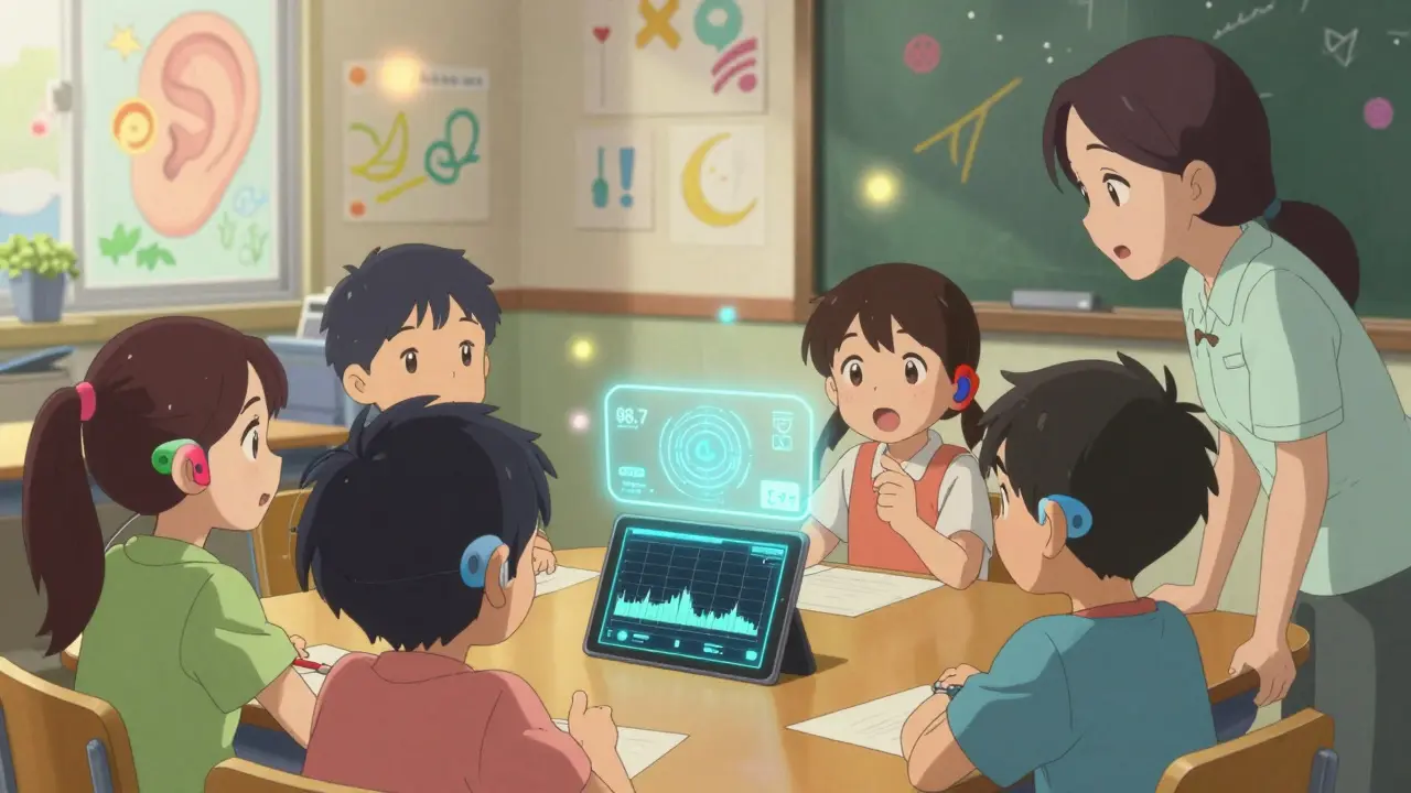 Enfants avec aides auditives dans une classe, certains signent, d'autres parlent, interface IA flottante au-dessus d'une tablette.