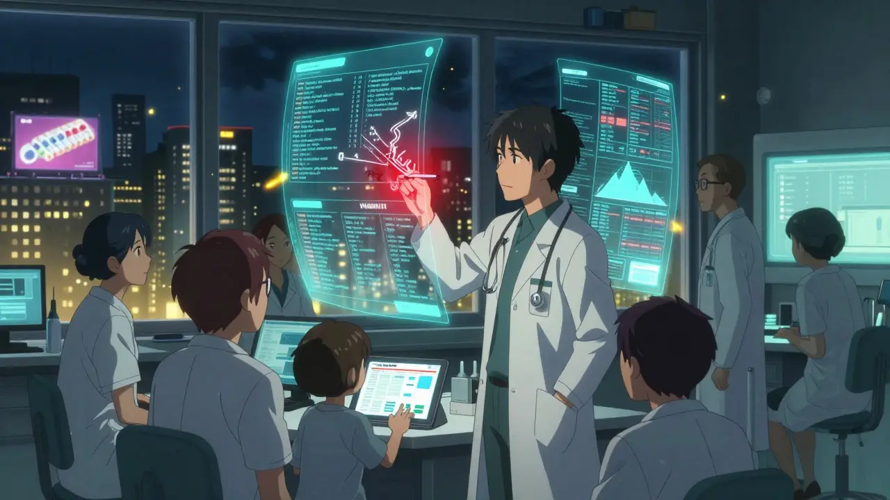 Équipe d'analystes dans un laboratoire futuriste observant des rapports de sécurité médicamenteuse en hologramme.