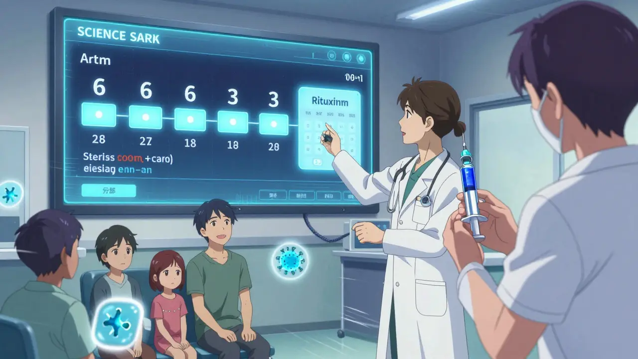 Équipe médicale consulte un calendrier numérique de vaccination pour un patient sous rituximab, famille vaccinée en arrière-plan.