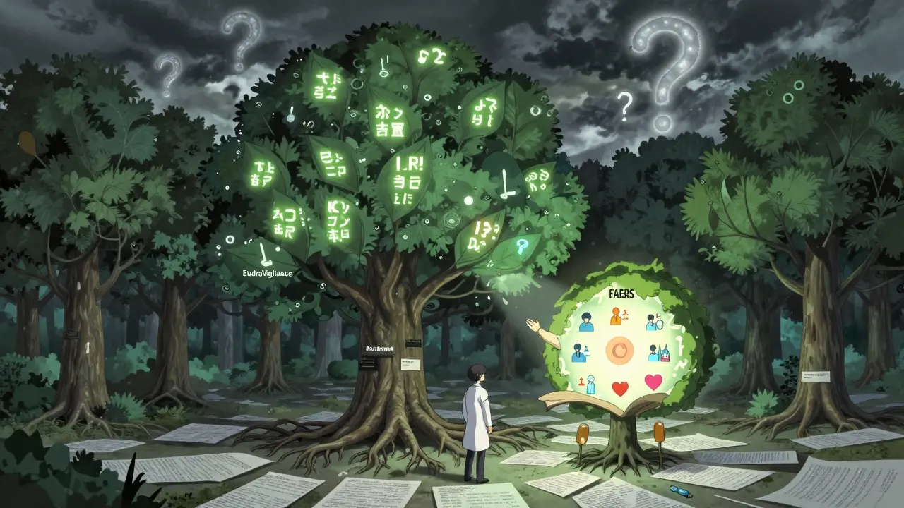 Forêt de données où chaque arbre représente un médicament et ses effets indésirables en symboles lumineux.