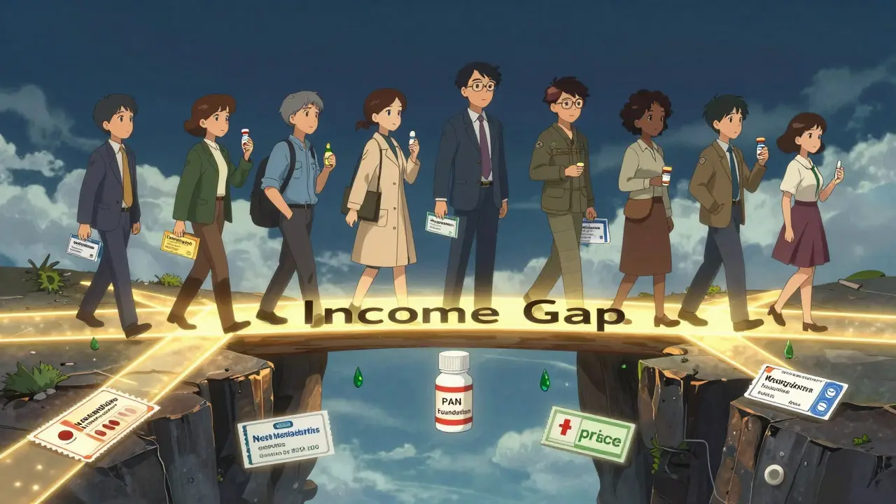 Groupe de personnes traversant un pont de coupons pharmaceutiques pour accéder à de l'aide financière.