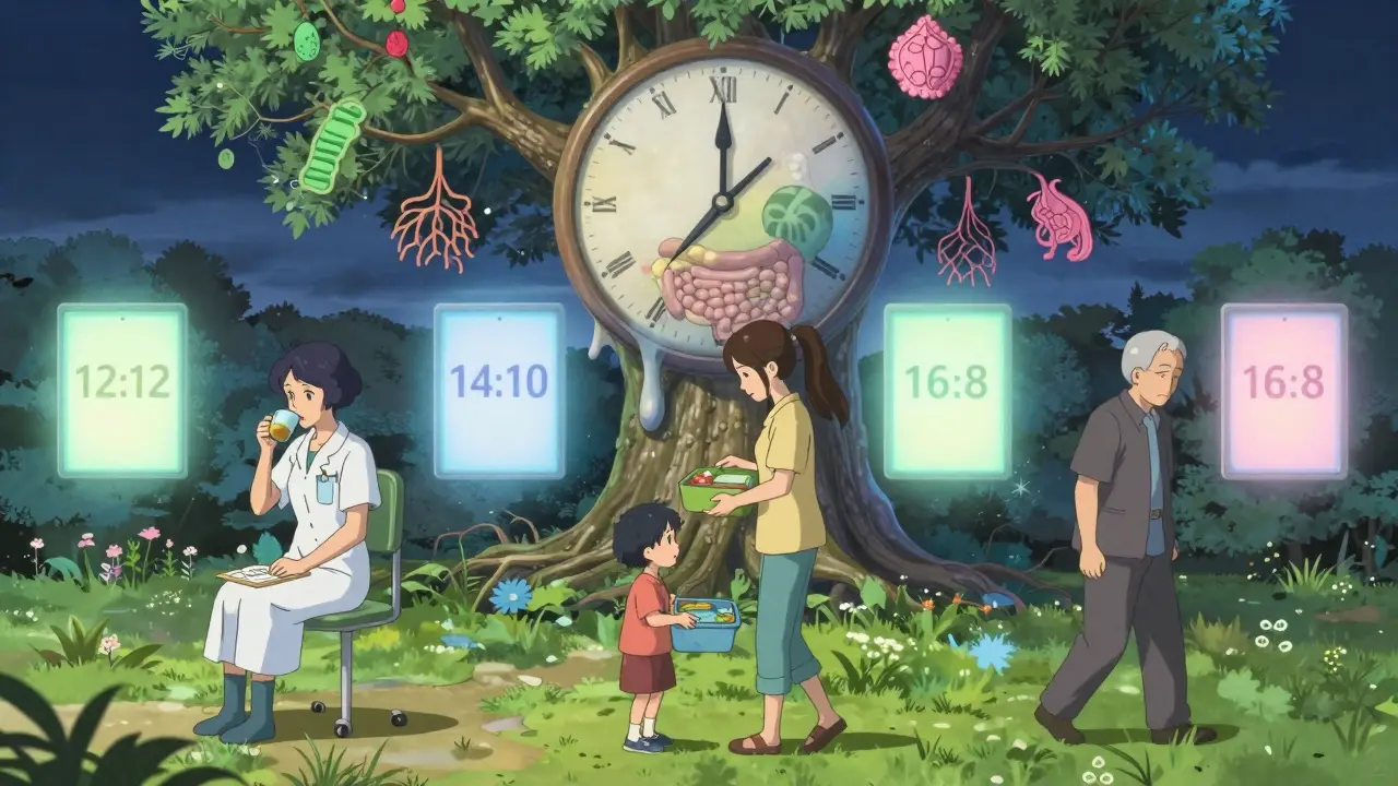 Groupe diversifié entouré de fenêtres de jeûne flottantes, symbolisant des parcours de santé personnalisés.