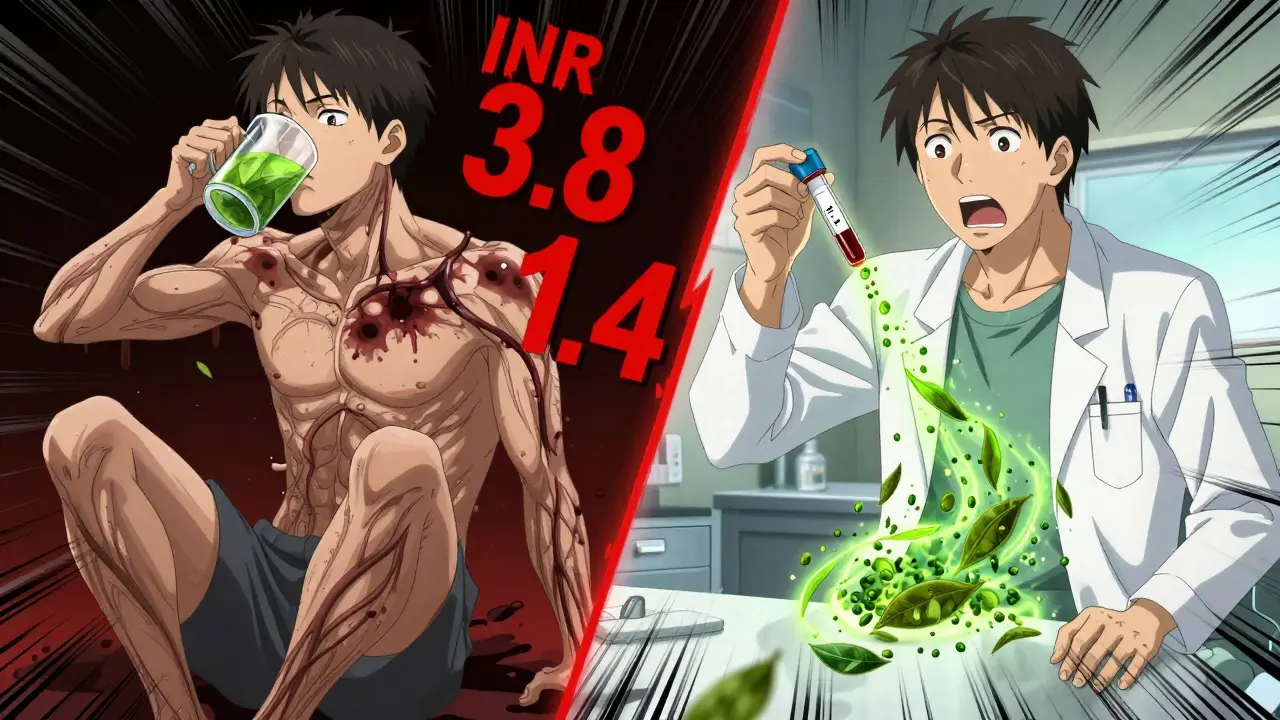 Homme boit une grande quantité de thé vert, des caillots sanguins apparaissent dans ses veines.