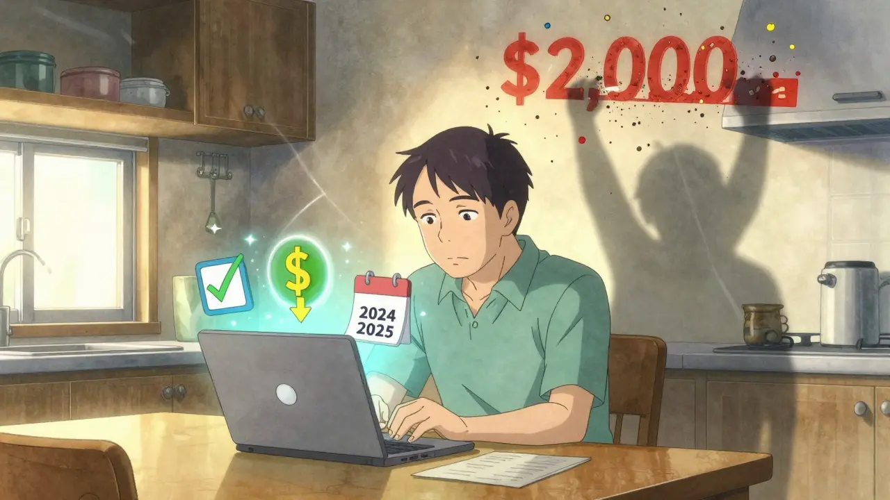 Homme regardant un écran Medicare.gov, entouré d'icônes de réduction et de plafond de dépenses qui s'effondre.