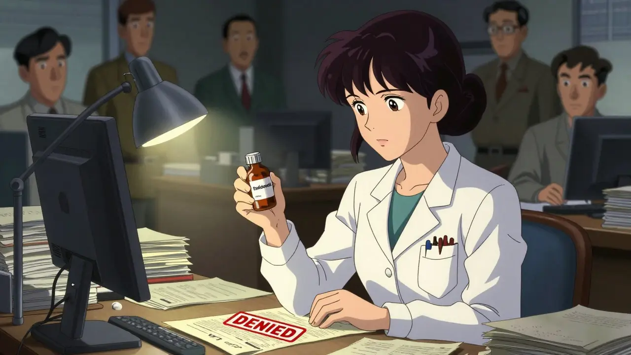 La pharmacienne Frances Kelsey refuse d'approuver la thalidomide, entourée de dossiers et d'une bouteille marquée 'REFUSÉ'.