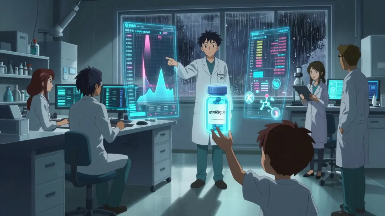 Laboratoire en France où des professionnels surveillent des concentrations de médicaments en temps réel, avec des molécules flottantes et une bouteille de générique en évidence.