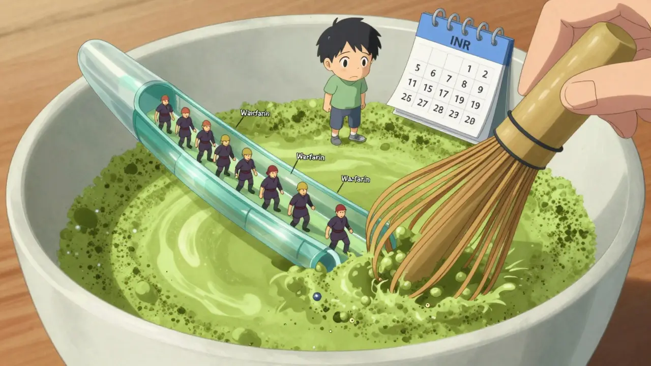 Matcha en poudre libère des molécules de vitamine K qui combattent les effets de la warfarine dans le sang.