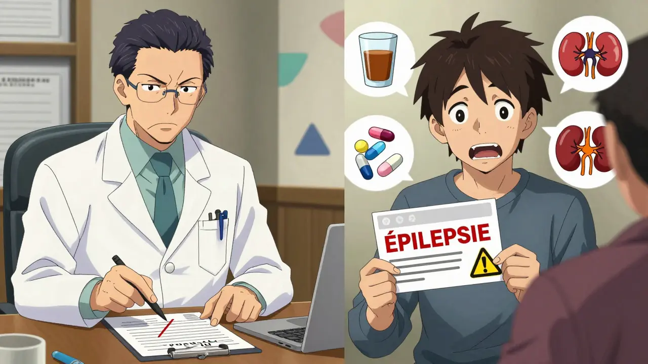Médecin annulant une ordonnance de tramadol en faveur d'alternatives plus sûres pour un patient épileptique.
