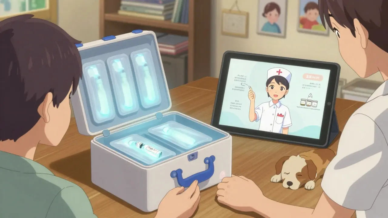 Patient à domicile recevant un médicament spécialisé livré à domicile, avec une infirmière virtuelle qui explique l'injection.