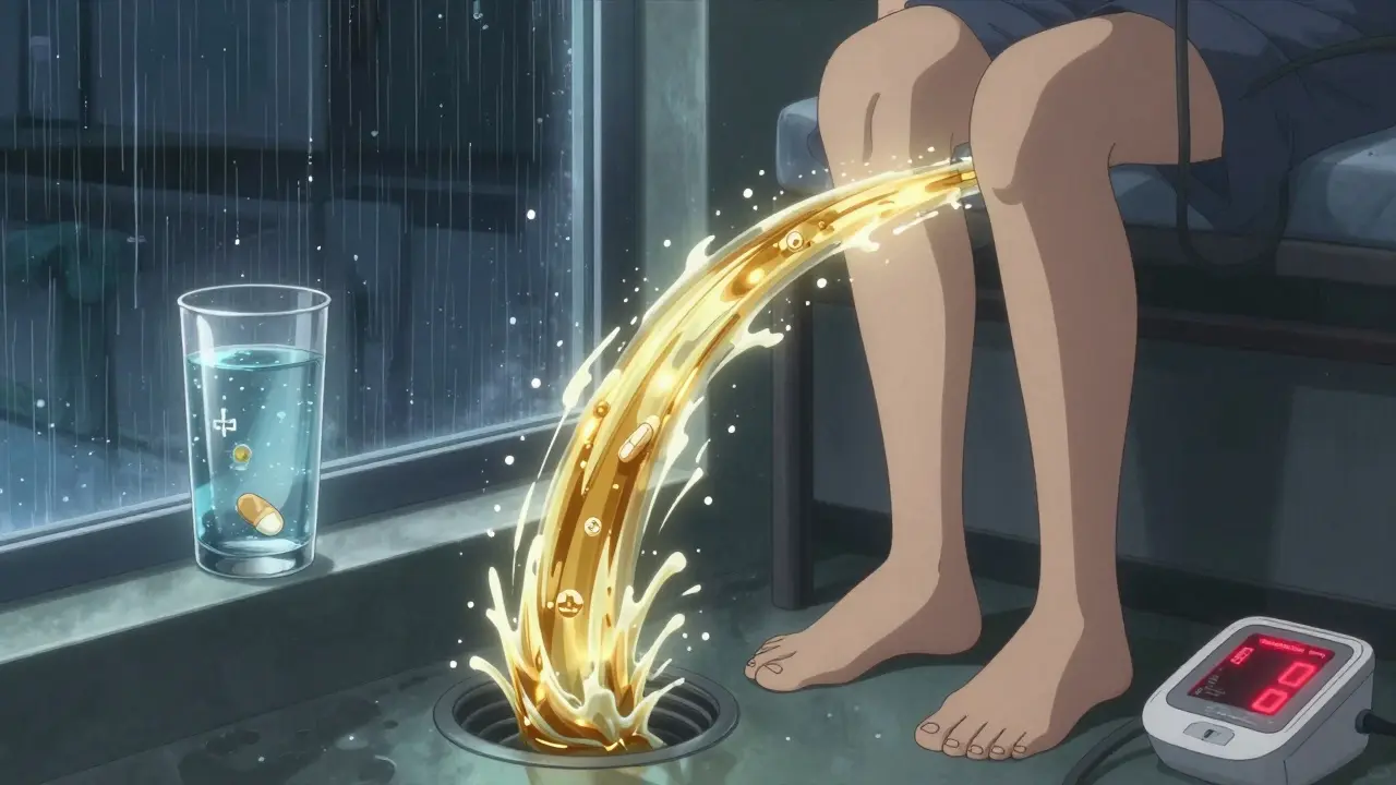 Patient aux jambes gonflées, des vagues dorées d'urine s'échappent de son corps sous l'effet d'un diurétique.