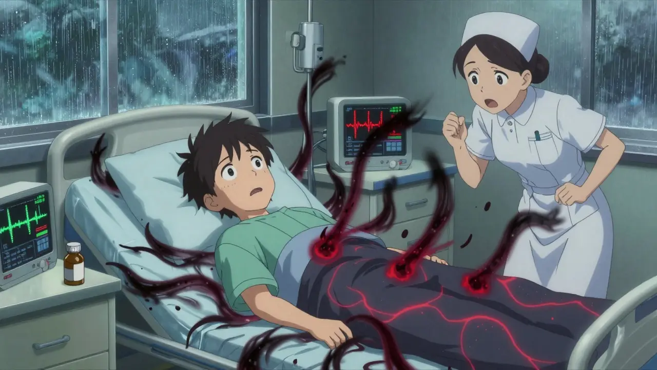 Patient en crise convulsive sous l'influence d'un médicament dangereux, entouré de signaux médicaux anormaux.