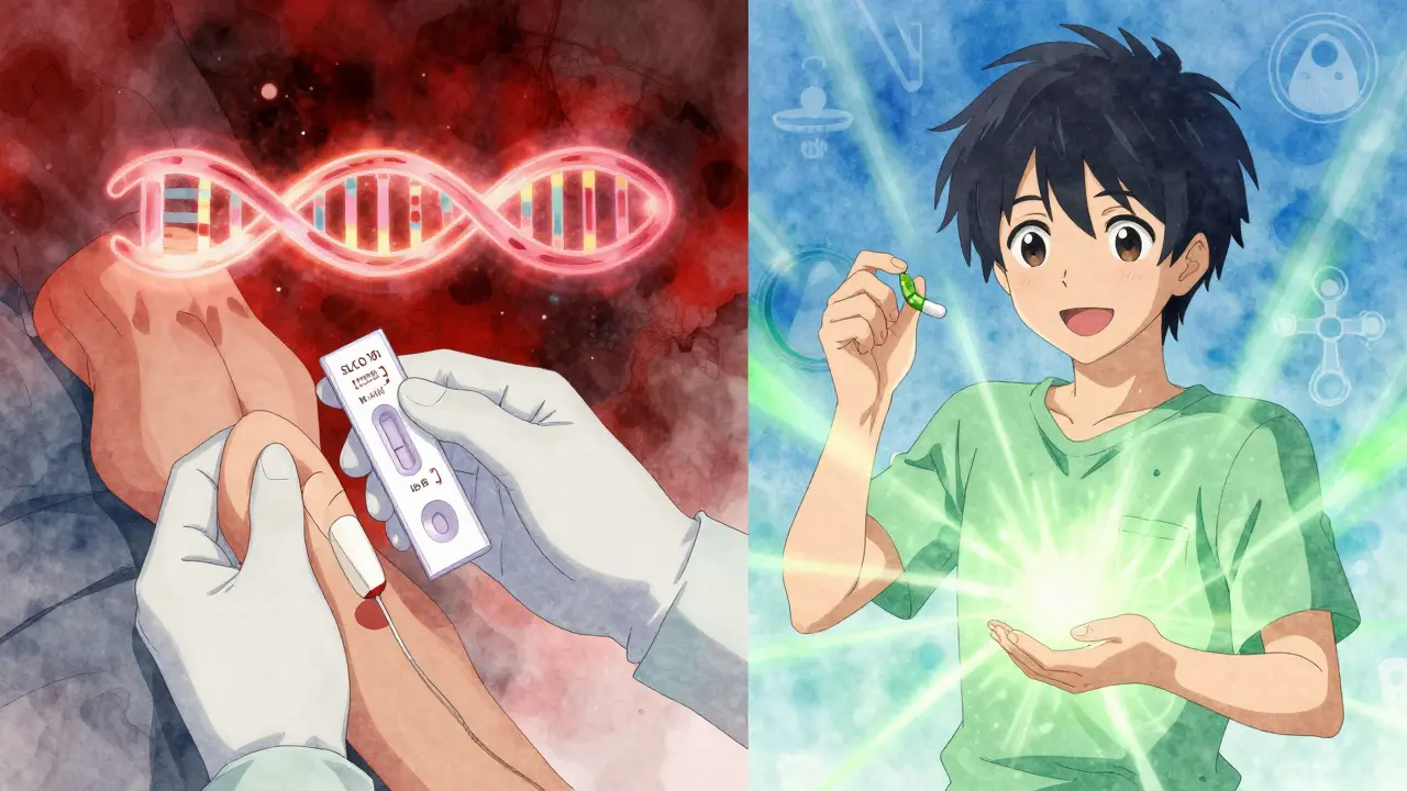 Patient recevant un test génétique pour la simvastatine, avec un diagramme ADN révélant un risque et une alternative sûre.