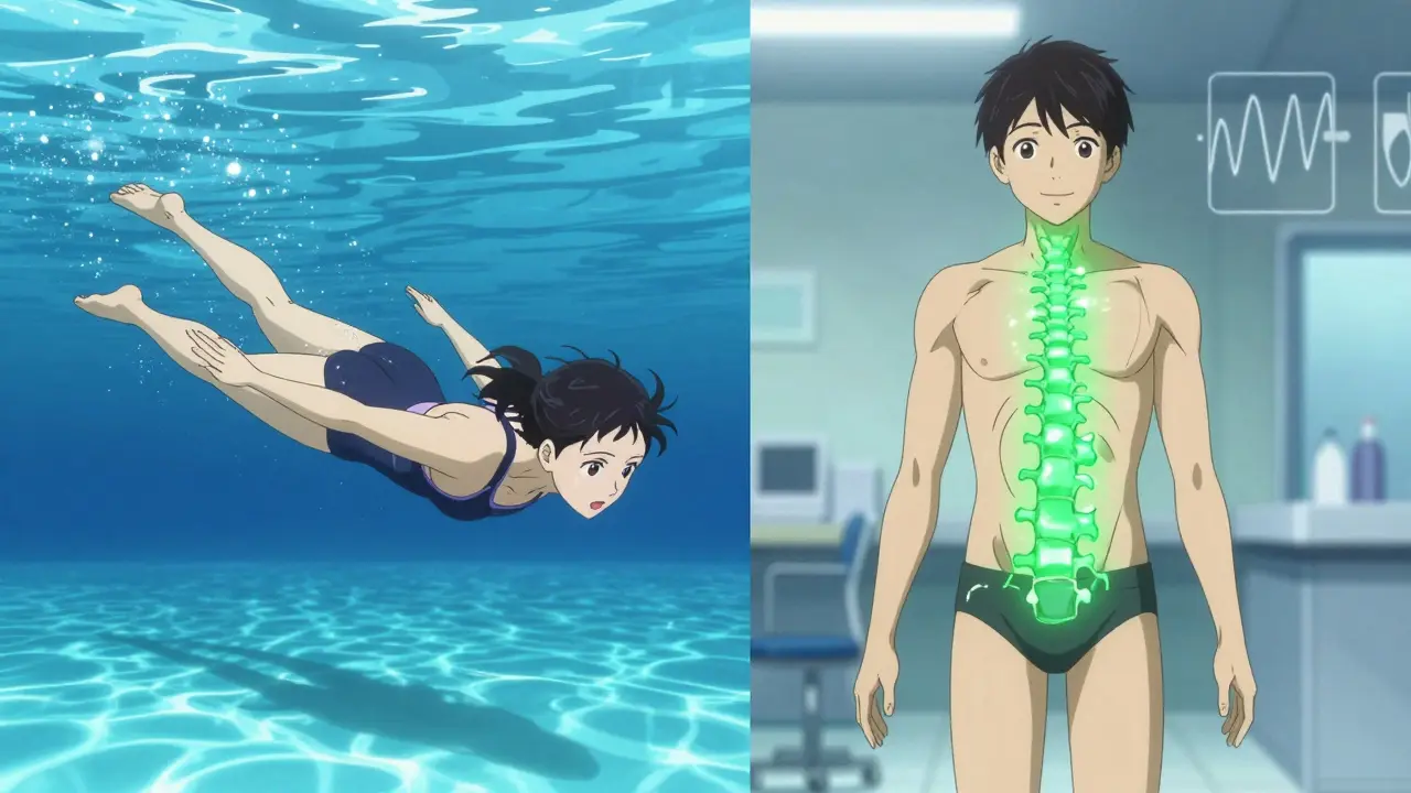 Personne nageant sous l'eau, énergie verte protégeant sa colonne, symboles médicaux flottant comme des bulles.