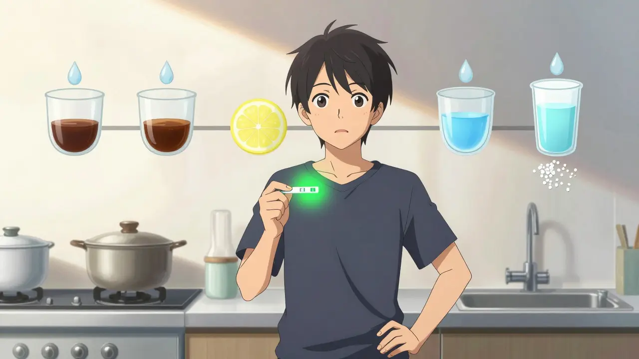 Personne tenant une bandelette d'analyse d'urine verte, symbole de succès dans la prévention des calculs rénaux.