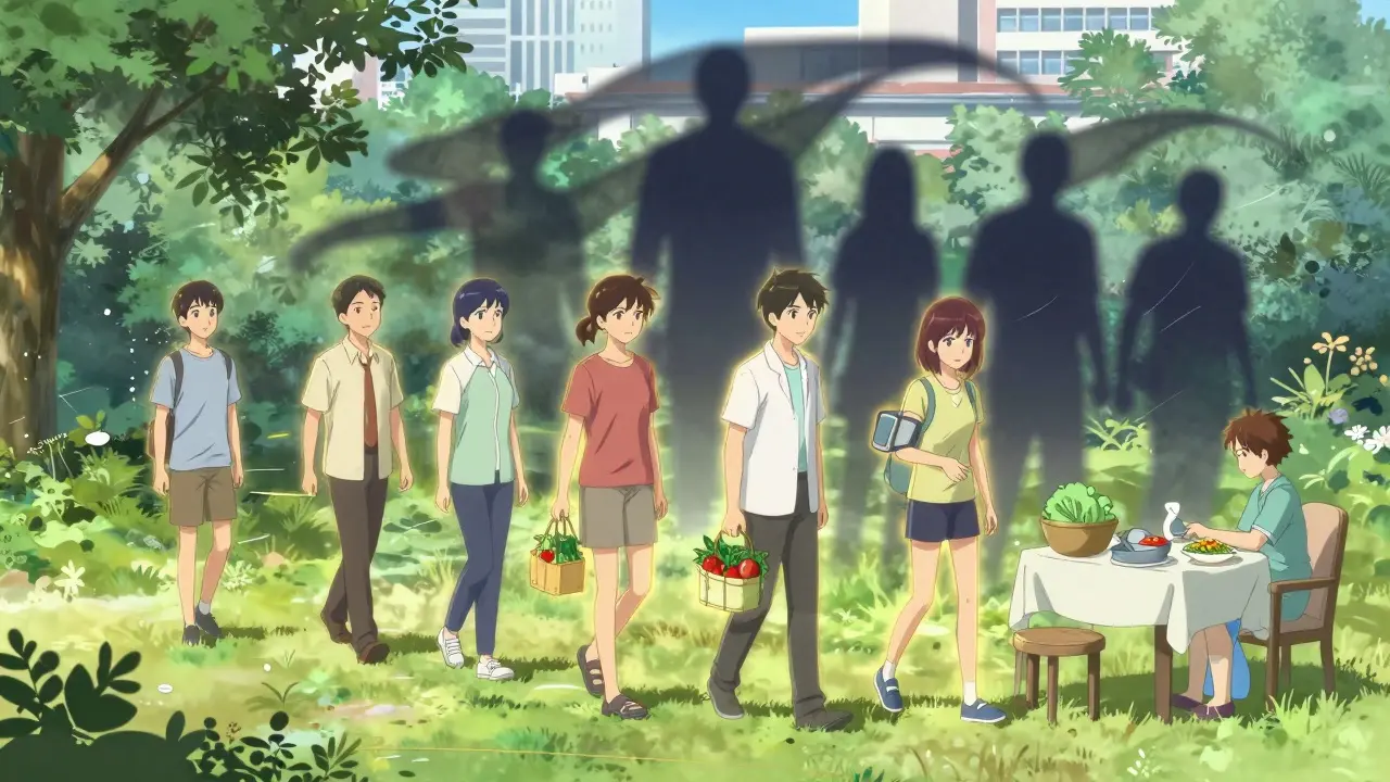 Personnes actives et en bonne santé, entourées d'une aura protectrice.